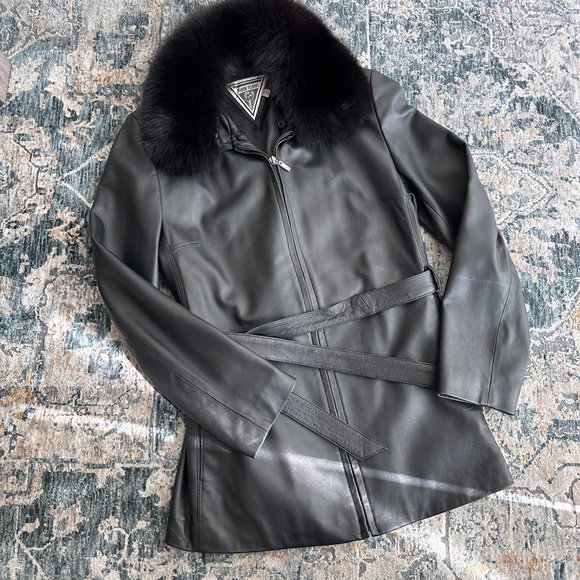 Vintage 100% genuine leather longline belted jacket w fur hood - Picture 8 of 8